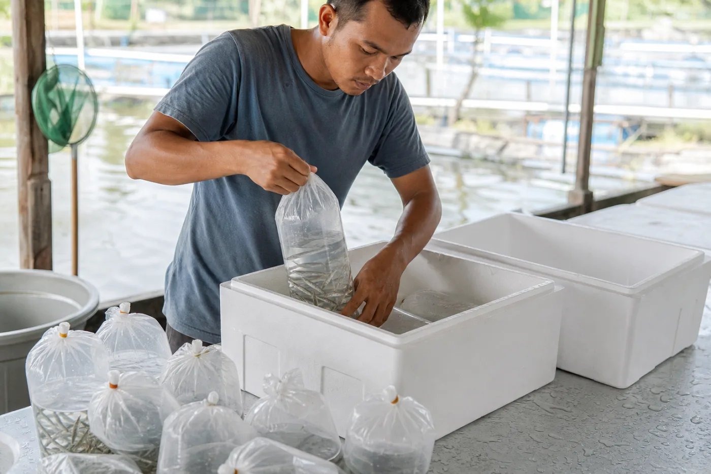 Proses packing bibit ikan dalam kantong air